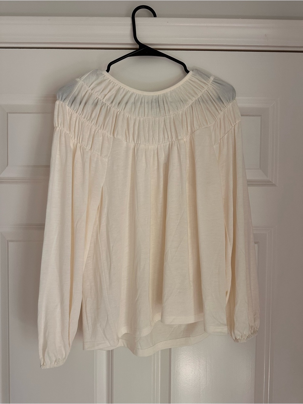 Ann Taylor Cream Smocked Yoke Long Sleeve Blouse